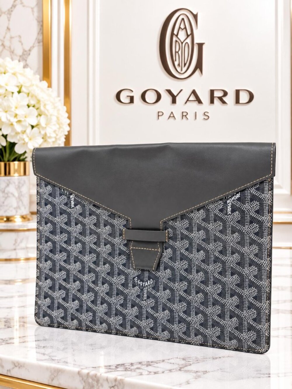Authentic Goyard Senat MM Chevron Coated Canvas Leather Document Clutch Pouch